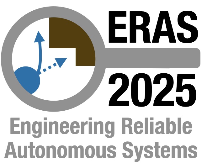 ERAS logo - a horizontal gray magnifying glass looking at a blue robot avoiding a brown object with ERAS above the handle and the year below.  It says Engineering Reliable Autonomous Systems in gray text below the image.